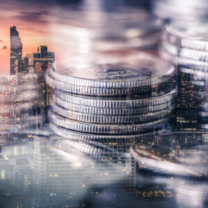 double exposure image of the coin stack overlay with cityscape i