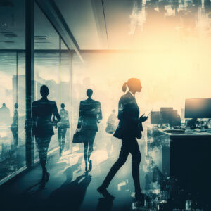 Double exposure of success businessman working in office with di